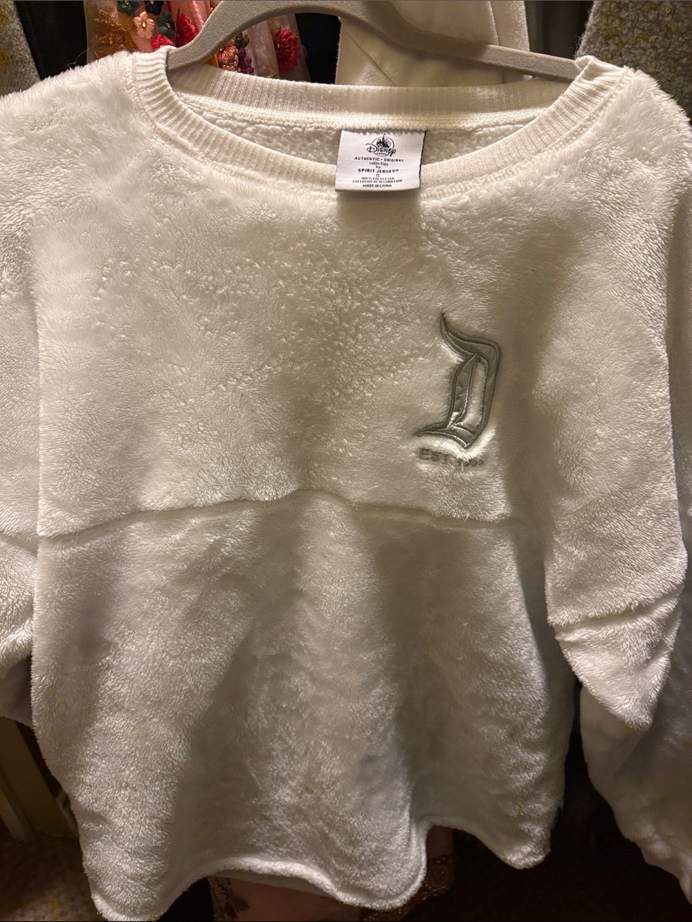 Disney Cream Plush Crewneck Sweater with Embroidered 'D' Accent